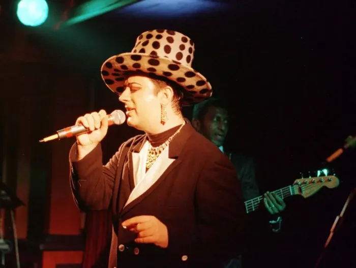 Framed Print : Boy George from Culture Club singing at the Labour Conference party September