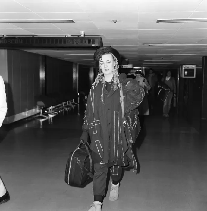 Framed Print : Boy George of the pop group Culture Club arriving at Heathrow from Paris Framed Print : Boy George of the pop group Culture Club arriving at Heathrow from Paris