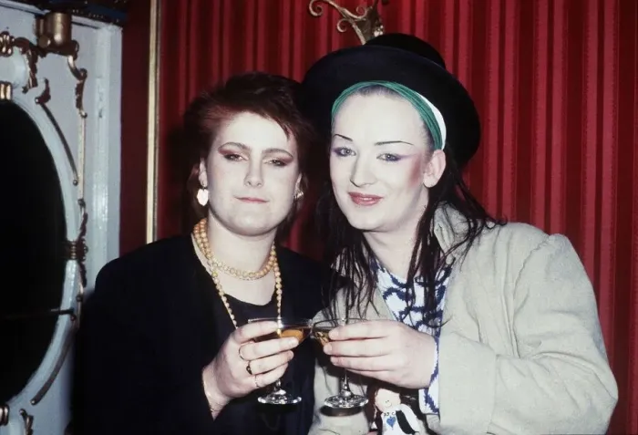 Framed Print : Boy George Pop Singer of Culture Club with Alison Moyet of Yazoo at the Rock Framed Print : Boy George Pop Singer of Culture Club with Alison Moyet of Yazoo at the Rock