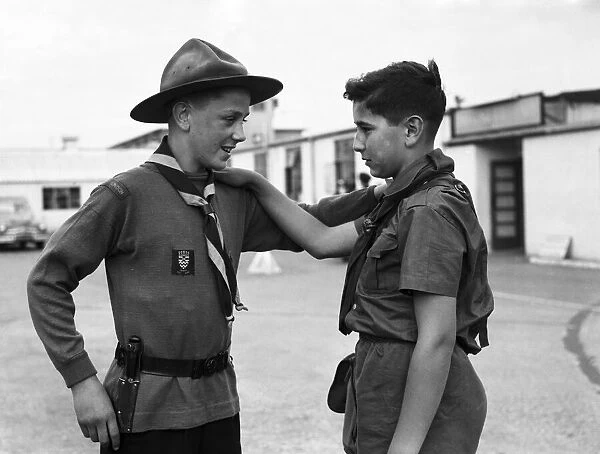 Boy scout Brian Eveleigh welcomes to England Yugoslavian Scout, Jurica Liebhardt