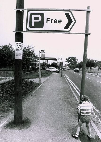 A boy urinating on a free parking sign - Pee for free! Humour