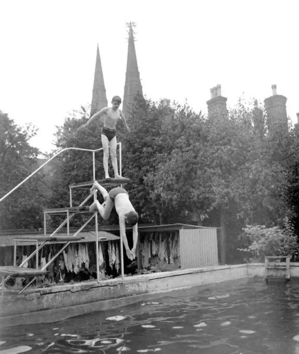 : Boys swimming in the pool at St Chads Cathedral School in Lichfield. September 1959 : Boys swimming in the pool at St Chads Cathedral School in Lichfield. September 1959
