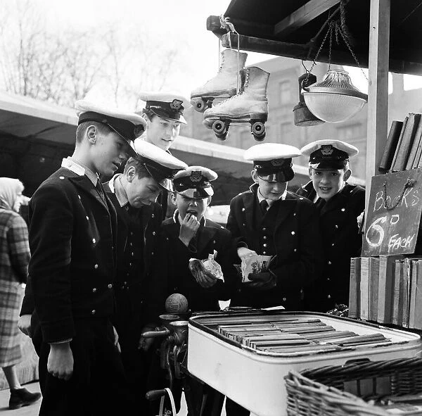 Boys from Trinity House in the market in Hull, East Yorkshire. 16th March 1965