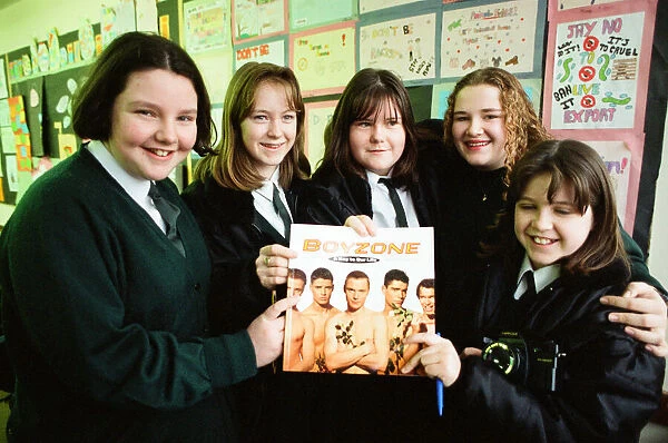 Boyzone pictured appearing on the Big Breakfast live show from Tile Hill Wood School