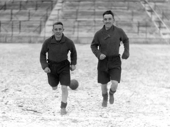 Framed Print : Bradford City FC. Davis and McLean training in the snow 11th February 1930 Framed Print : Bradford City FC. Davis and McLean training in the snow 11th February 1930