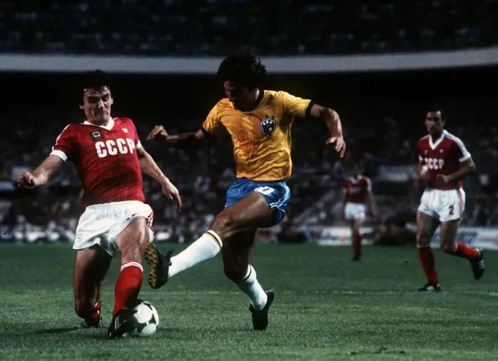 Framed Print : Brazil v Russia World Cup 1982 football a soviet defender foils a shot by Framed Print : Brazil v Russia World Cup 1982 football a soviet defender foils a shot by
