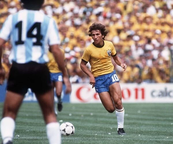 Brazil World Cup 1982 football Argentina v Brazil Zico on the ball as Jorge Olguin