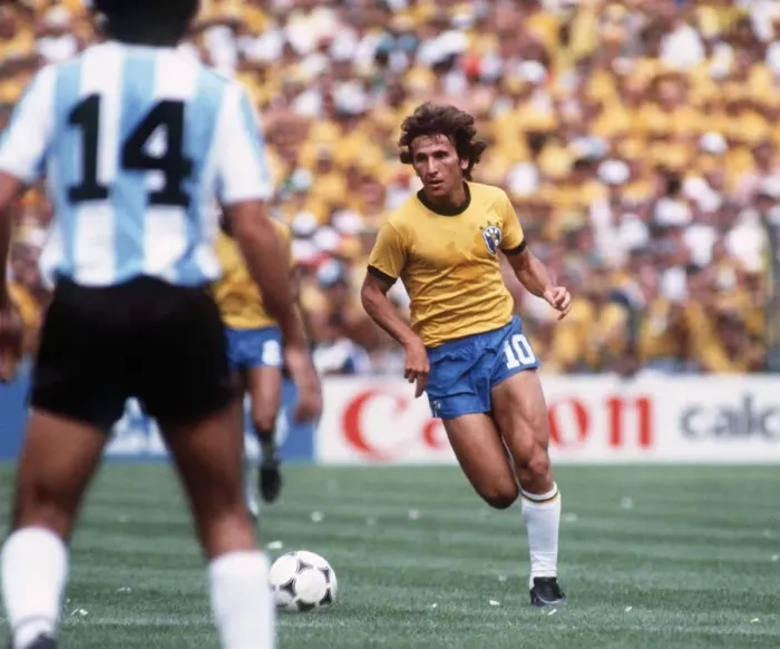 Framed Print : Brazil World Cup 1982 football Argentina v Brazil Zico on the ball as Jorge Olguin
