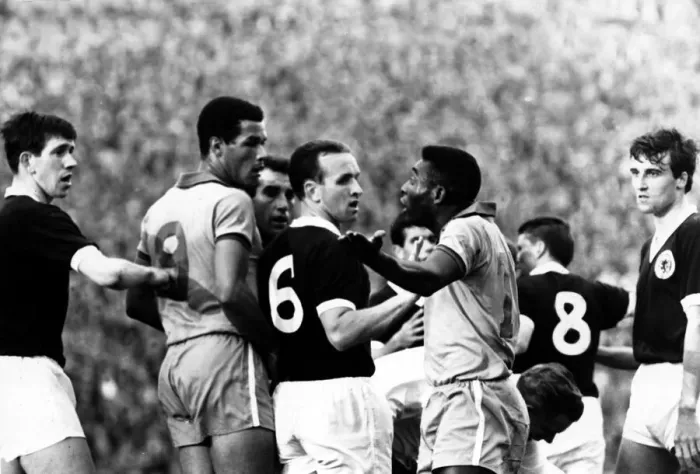 Framed Print : Brazilian football star Pele arguing with Scotland players after clashing with Billy Framed Print : Brazilian football star Pele arguing with Scotland players after clashing with Billy
