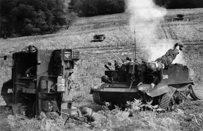 Framed Print : Two Bren Carrier reconnaissance vehicle appear to have lost their tracks in this army Framed Print : Two Bren Carrier reconnaissance vehicle appear to have lost their tracks in this army