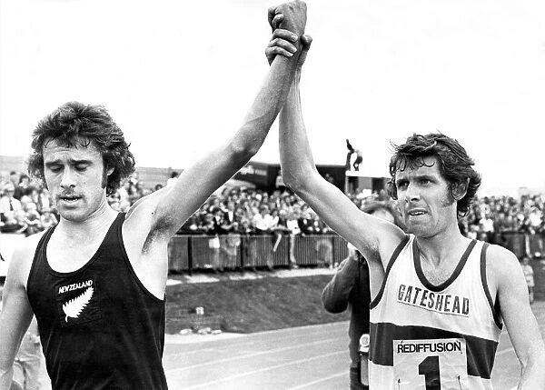 Brendan Foster holds up Rod Dixons arm after a race in Gateshead in July 1975
