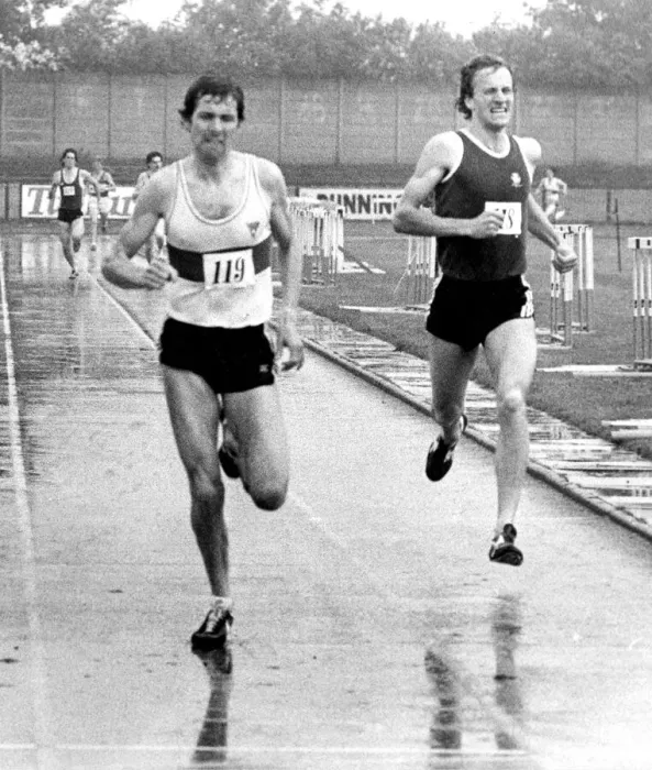 Framed Print : Brendan Foster squelches through the rain in an open athletics meeting at Gateshead in Framed Print : Brendan Foster squelches through the rain in an open athletics meeting at Gateshead in
