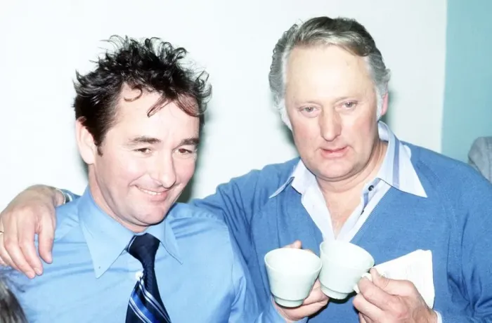 Framed Print : Brian Clough Football manager of Derby County with his assistant Peter Taylor holding tea Framed Print : Brian Clough Football manager of Derby County with his assistant Peter Taylor holding tea