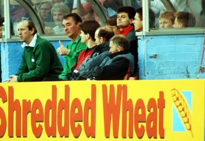 Framed Print : Brian Clough football manager of Nottingham Forest gives the thumbs up from the bench