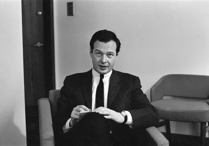 Framed Print : Brian Epstein, Manager of The Beatles, pictured being interviewed for the Daily Mirror in