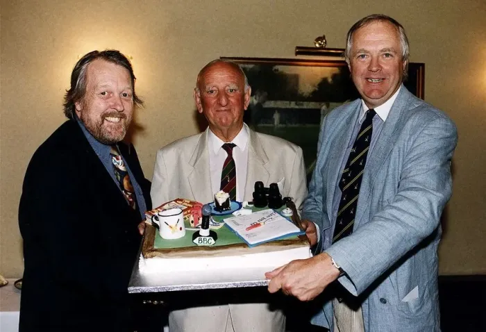 Framed Print : Brian Johnston Radio cricket commentator receives an 80th birthday cake from cricket fans