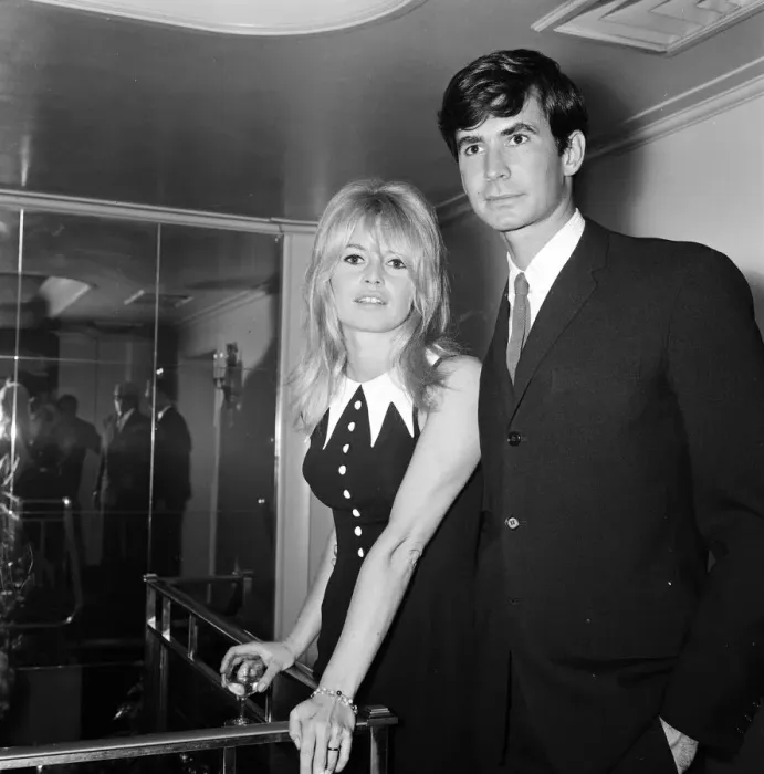 Framed Print : Brigitte Bardot (30) & Antony Perkins (31) pictured during photocall press conference