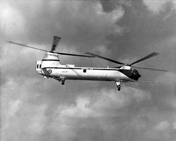 A Bristol 192 Belvedere, twin engine RAF helicopter in flight at the 1958 Farnborough