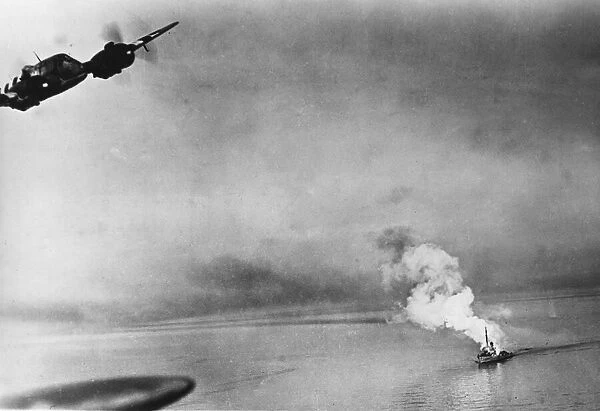 Bristol Beaufighters peels away from a German escort vessel which blew up after receiving