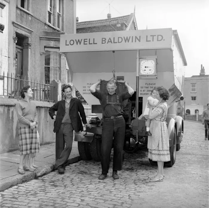 Framed Print : Bristol coal delivery, coal man weighs out delivery. Circa 1957