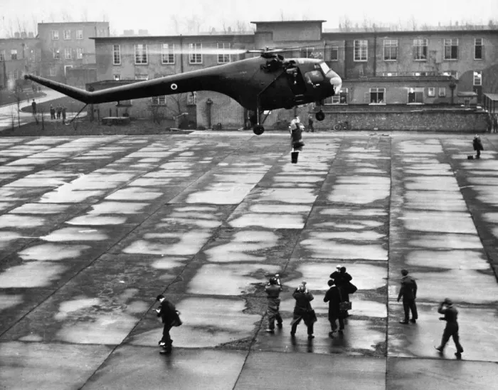 Framed Print : A Bristol Sycamore HR13 Helicopter delivers a special guest to RAF Linton 18th December Framed Print : A Bristol Sycamore HR13 Helicopter delivers a special guest to RAF Linton 18th December