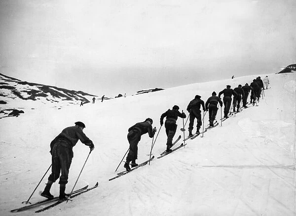 Britain army troops training on ski in the snowy mountain ranges at Killin, Perthshire