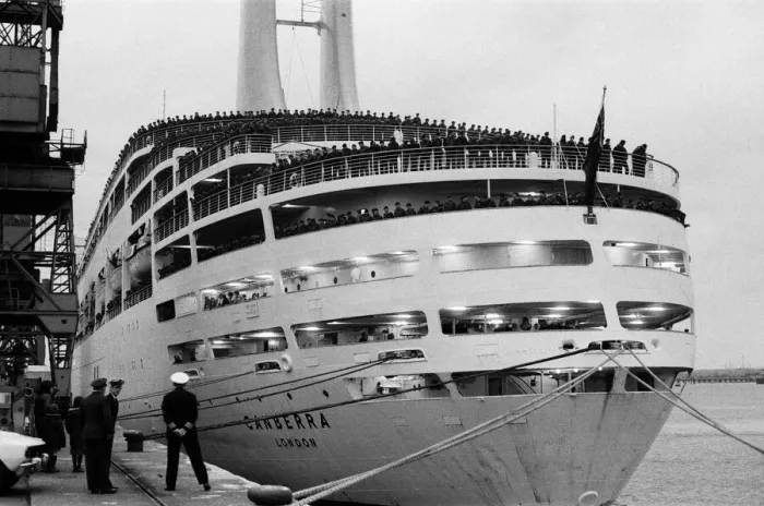 Framed Print : Britains luxury cruise liner Canberra sets sail from Southampton with its cargo of Framed Print : Britains luxury cruise liner Canberra sets sail from Southampton with its cargo of