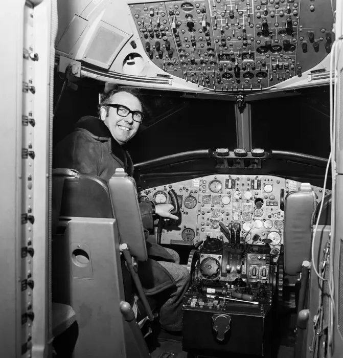 Framed Print : British airline entrepreneur Freddie Laker pictured in the cockpit of one of his planes