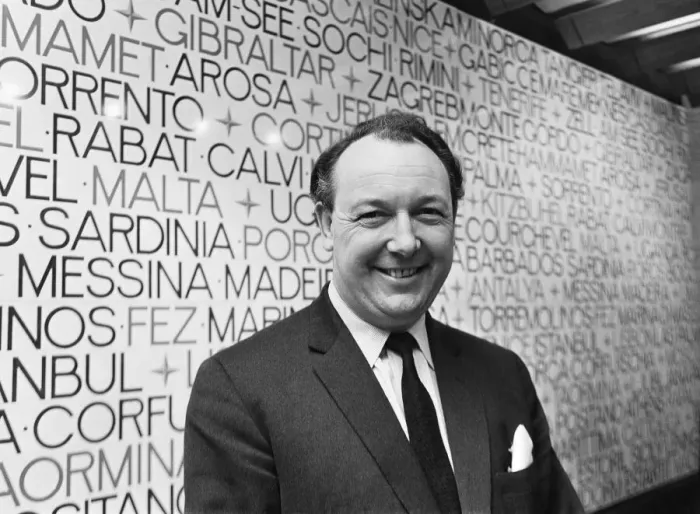 Framed Print : British airline entrepreneur Freddie Laker pictured at his new airline offices after Framed Print : British airline entrepreneur Freddie Laker pictured at his new airline offices after