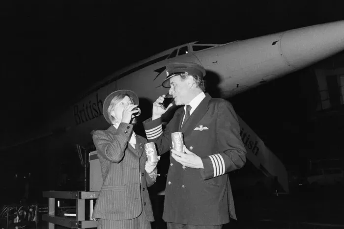 Framed Print : British Airways Concorde stewardess Carol Bryant and Concorde captain John Cookdrink Framed Print : British Airways Concorde stewardess Carol Bryant and Concorde captain John Cookdrink