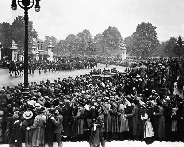 British and Allied troops seen here march passed Buckingham Palace during the Victory