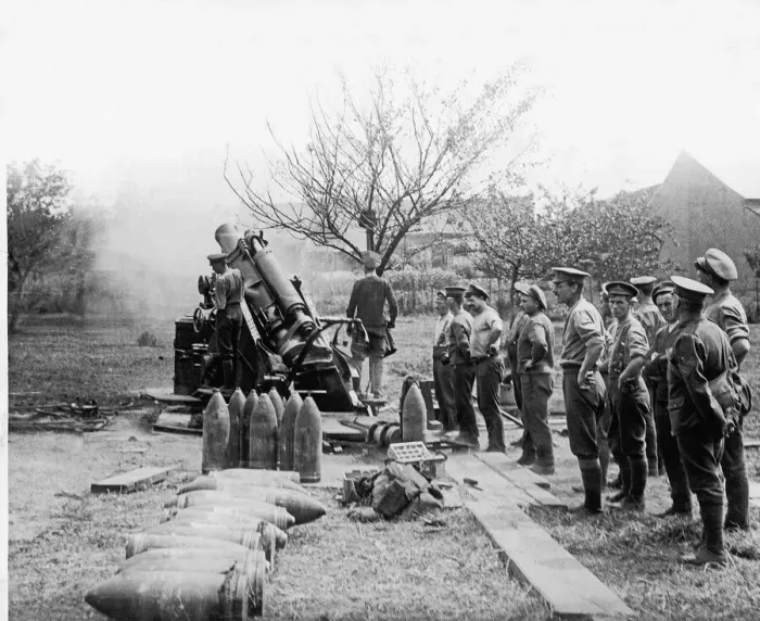 Framed Print : British army howitzer firing on German lines 1916 as they advance into Germany