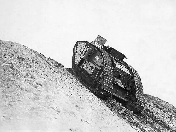 A British Army Mk IV tank being tested on a steep gradient at Oldbury in the West