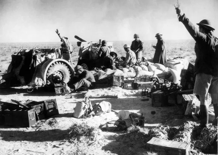 Framed Print : British Artillery pounding away at Tobruk just before the troops entered the town