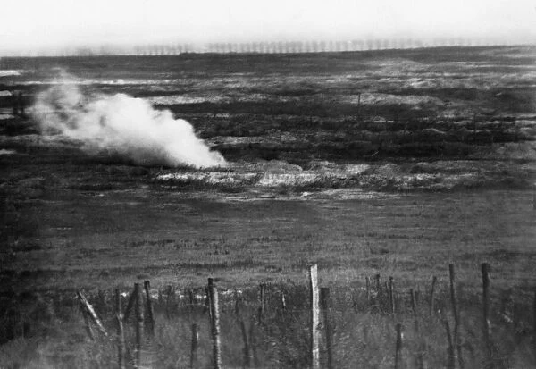 British artillery shells seen bursting on the German front line trenches during the open