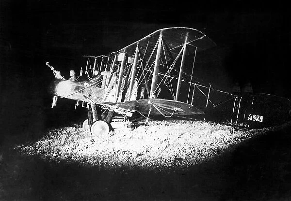 British bi-plane bomber prepares for a night raid 1918 during World War One
