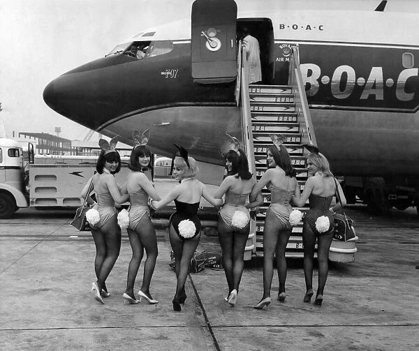 Six British bunny girls leaving London Airport for Chicago where they start a 4 month