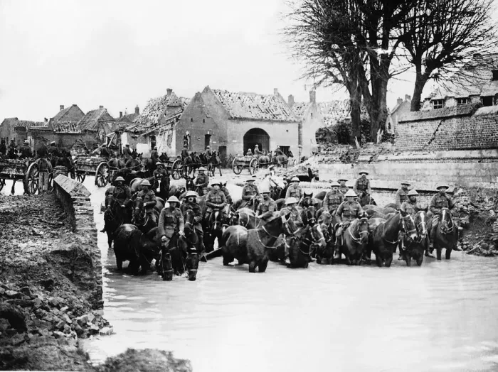 Framed Print : British cavalry watering their horses in a captured French village 1917