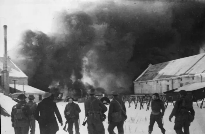 Framed Print : British commandos watch fires burning in Stamsund on the Lofoten Island