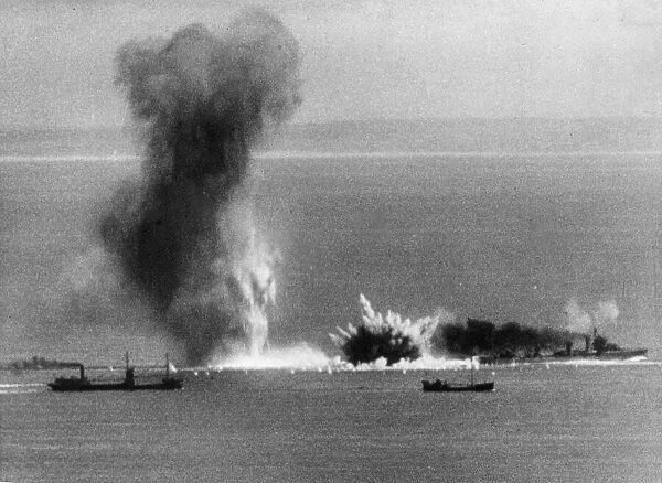 A British convoy passing through the Straits of Dover seen here being attacked by German