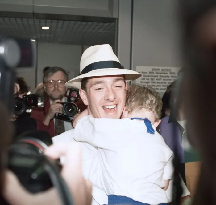 Framed Print : British cyclist Chris Boardman on arrival at Manchester airport as he returns home Framed Print : British cyclist Chris Boardman on arrival at Manchester airport as he returns home