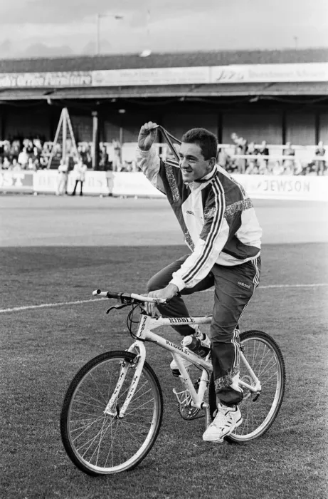 Framed Print : British cyclist Chris Boardman on the pitch at Prenton Park Framed Print : British cyclist Chris Boardman on the pitch at Prenton Park