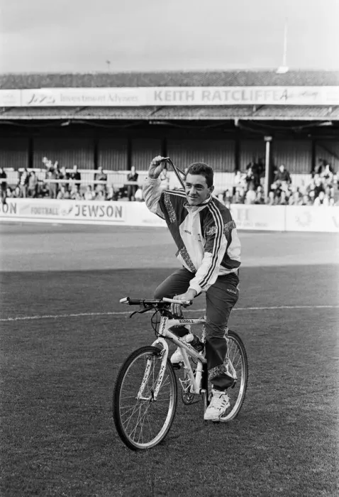 Framed Print : British cyclist Chris Boardman on the pitch at Prenton Park Framed Print : British cyclist Chris Boardman on the pitch at Prenton Park