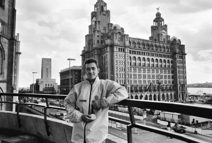 Framed Print : British cyclist Chris Boardman poses in front of the Royal Liver Building in Liverpool Framed Print : British cyclist Chris Boardman poses in front of the Royal Liver Building in Liverpool