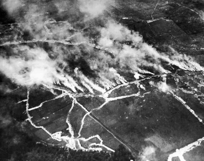 Framed Print : A British gas attack on German trenches, location not known May 1918