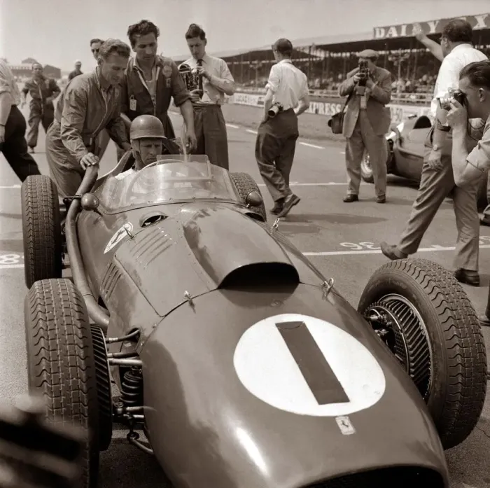 Framed Print : British Grand Prix Silverstone July 1958. Peter Collins sits in his Ferrari Dino Framed Print : British Grand Prix Silverstone July 1958. Peter Collins sits in his Ferrari Dino