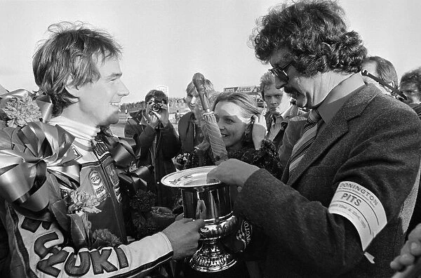 British Motorcycle road racer Barry Sheene celebrates victory for Britain in the AGV
