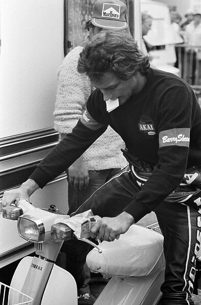 British Motorcycle road racer Barry Sheene in practice at Silverstone ahead of