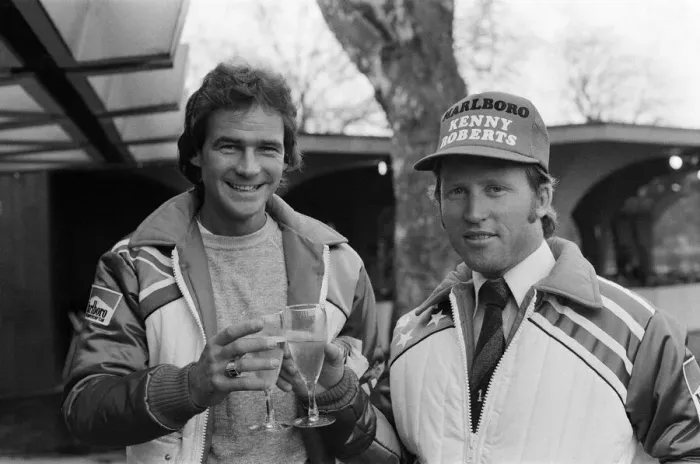 Framed Print : British Motorcycle road racer Barry Sheene with American reigning World Champion Kenny