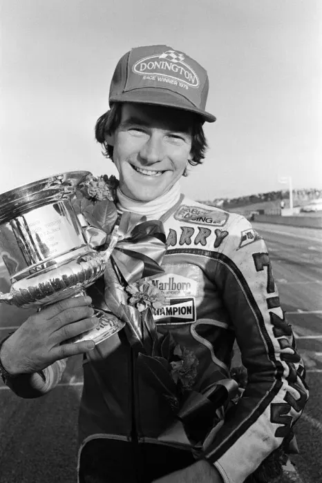 Framed Print : British Motorcycle road racer Barry Sheene celebrates victory for Britain in the AGV Framed Print : British Motorcycle road racer Barry Sheene celebrates victory for Britain in the AGV